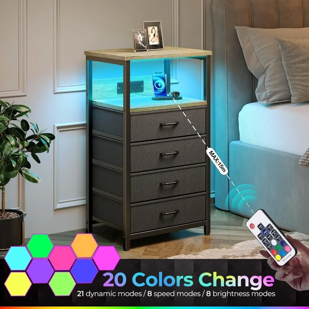 Nightstand with Charging Station, Bedside Table with LED Lights, Side Table with Fabric Drawers, Tier Storage Night Stand Table image 6