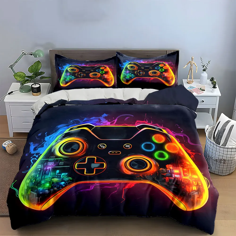 Colorful Splash Neon Game Controller Bedding Set, Cyber Circuit Gaming Pad Print Duvet Cover Set,3PC For Teen Gamers Boys Room