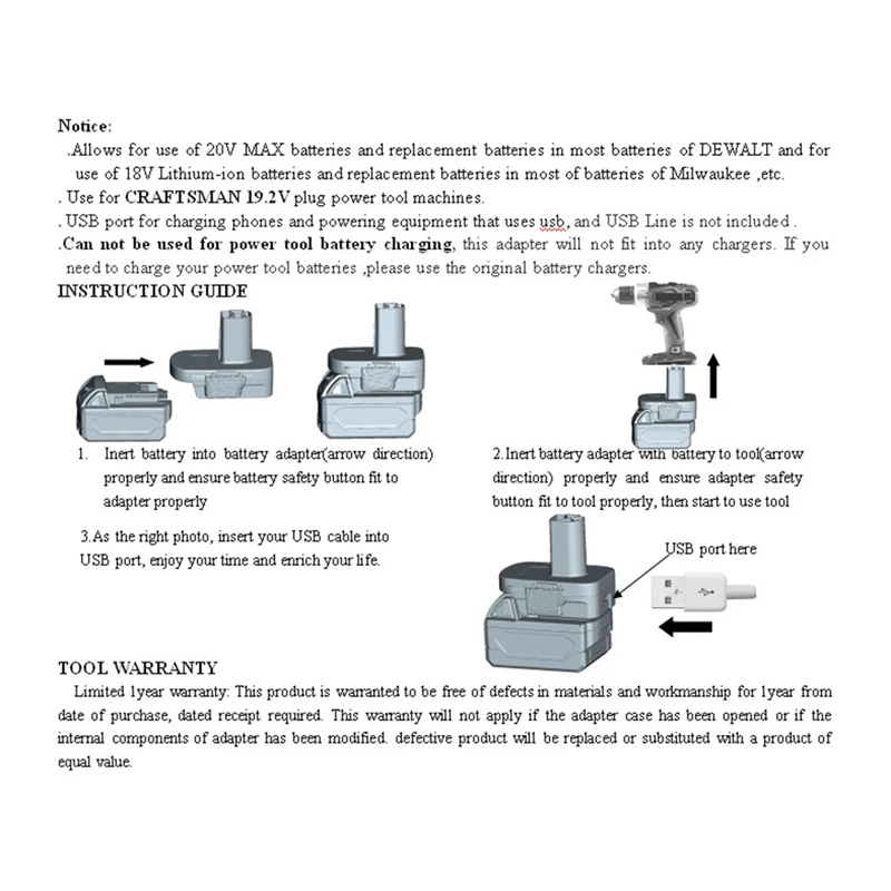 USB Battery Adapter DM18GL For Dewalt 20V For Milwaukeee 18V Convert To For Craftsman 19.2 Volt Lithium-Ion Battery