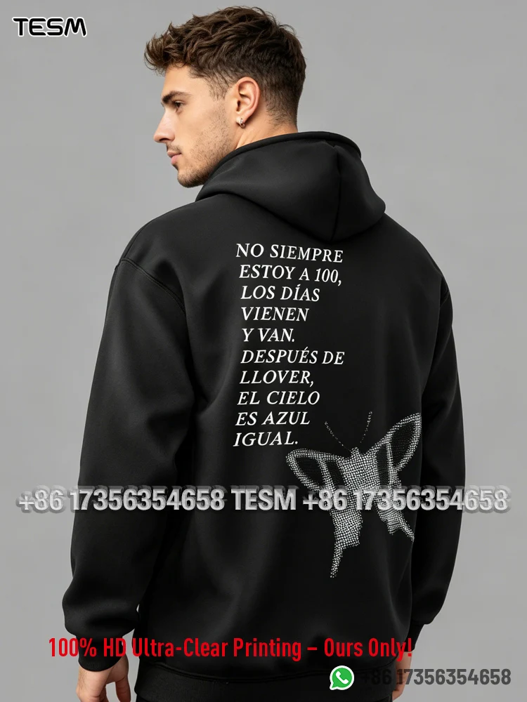 TESM Men Spring and Autumn Black Hooded Sweatshirt with Butterfly and Spain Letter Print, Hip-Hop Street Style Casual Pullover