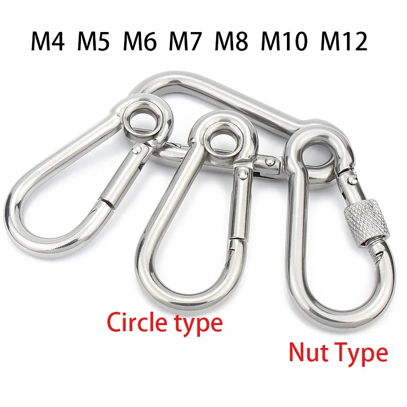 Clipe de mosquetão de aço inoxidável, Carbine Snap Hook, Chaveiro, Camping ao ar livre, Escalada, Caminhadas, O-Ring Buckles, 304, 1Pc