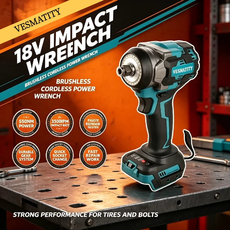 Power Tool Heavy Duty VESMATITY Cordless Electric Screwdriver 500N.m High Torque Impact Drill Driver for 18V-20V Battery
