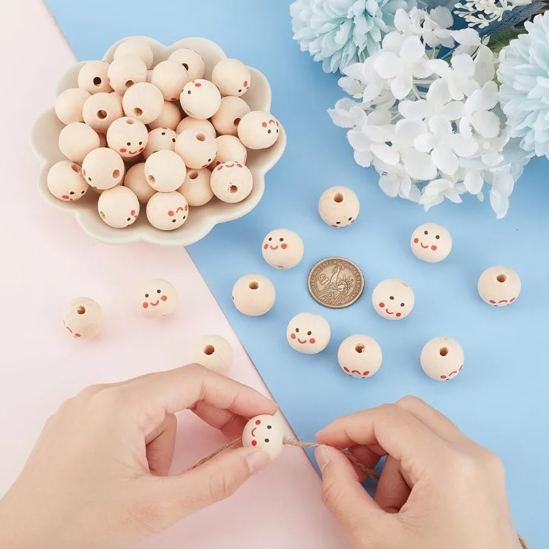 80 Pcs Face Wooden Beads, Smiling Face Beads Round Ball Beads Loose Spacer Beads Smooth Happy Face Bead Face Bead