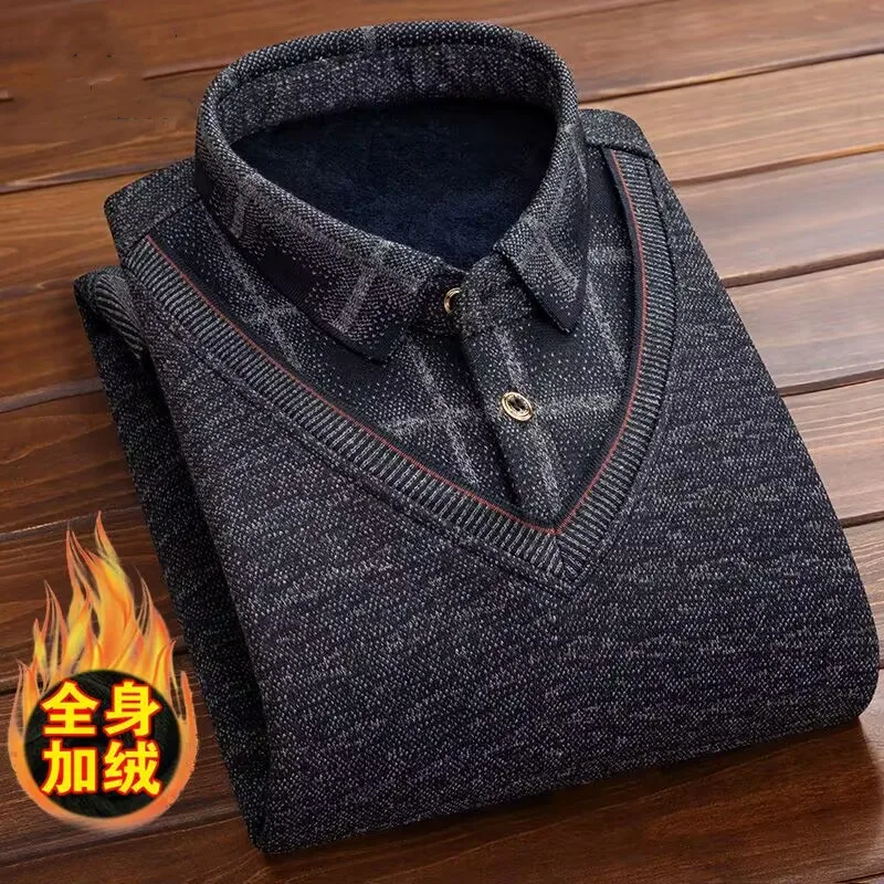 New Autumn Winter Men Fleece Shirt-collar Sweater 2024 Fashion Grid Printed Thick Warm Sweater Male Velvet Pullover Sweater