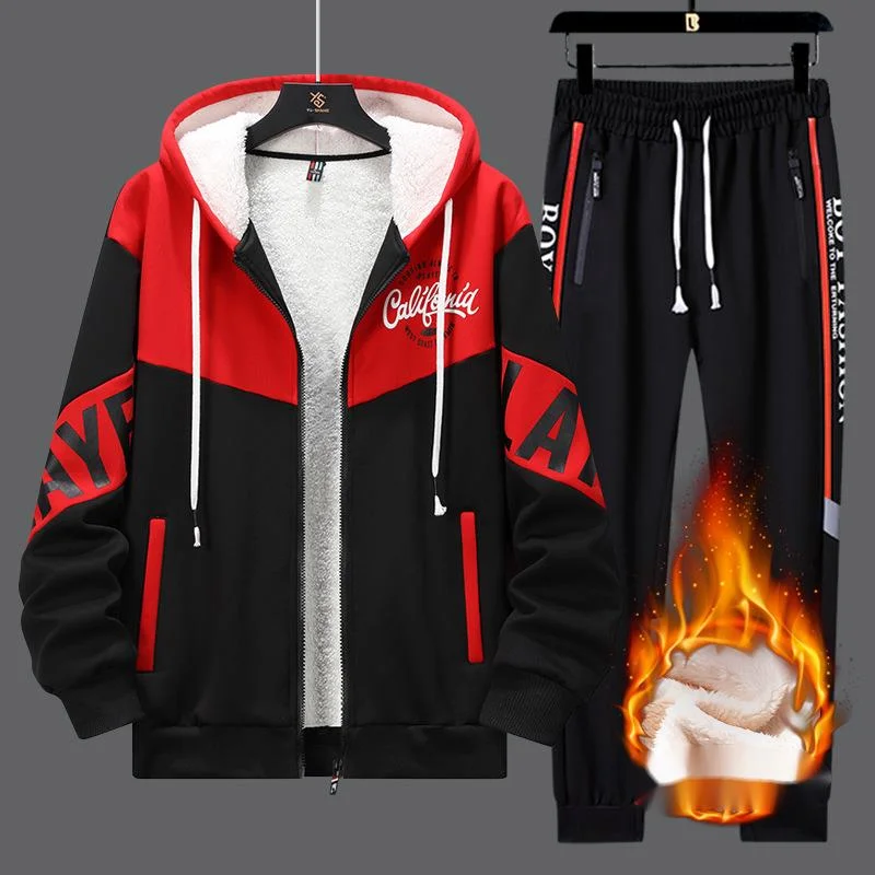 New Tracksuit Set Men Winter Warm Thick Hoodie Cardigan Zipper Sweatshirt Sweatpant 2 Piece Students Husband Track Suit Plus 5XL