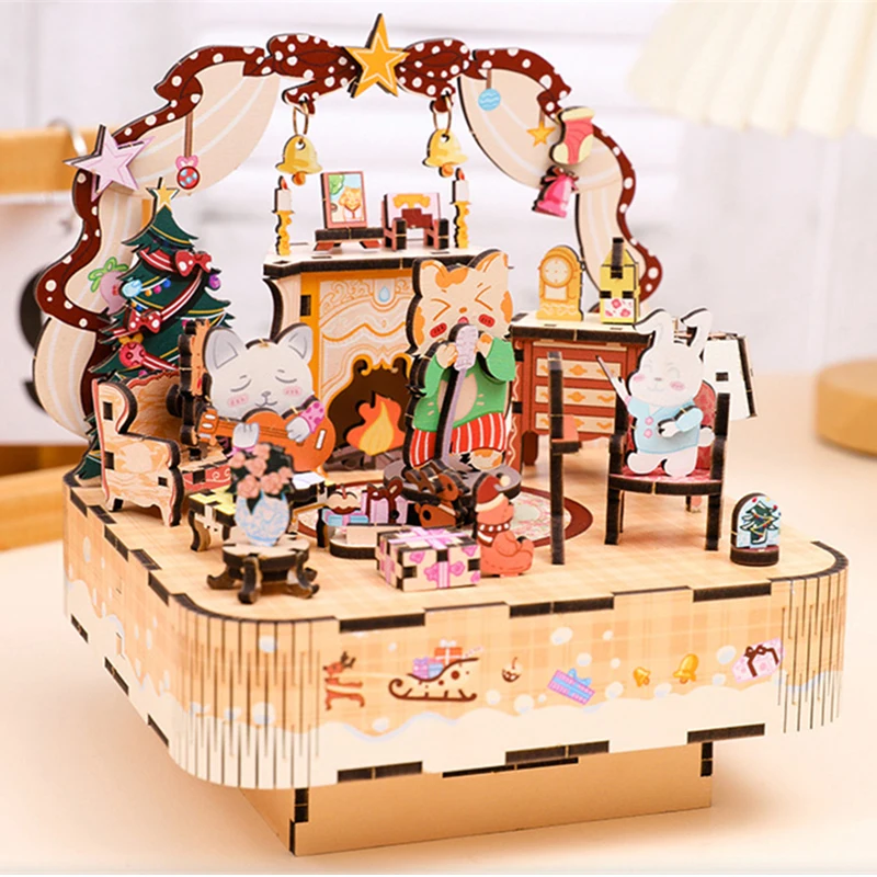 DIY 3D Wooden Animals Party Music Box Miniature Model Kits Jigsaw Puzzles Can Move for Friends Birthday Gifts Home Decoration