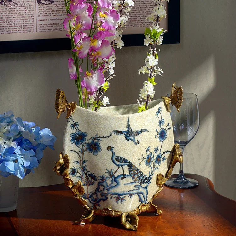 European American neoclassical blue and white ceramics with copper , utensils, living room entrance home decoration ornaments