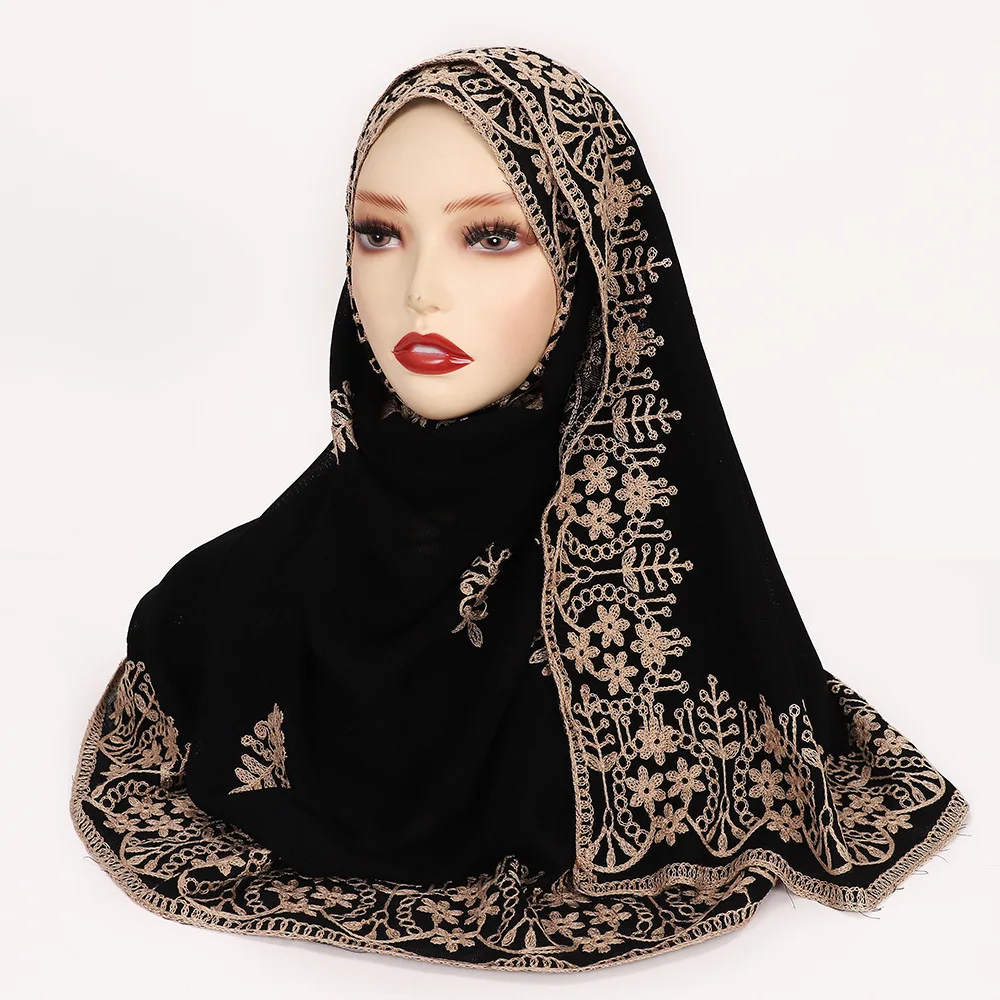 

Black Embroidery Hijab Scarves Muslim Women Shawls Wrap Turban Elegant Breathable Bandanas Sun Protective Headband 70*190cm