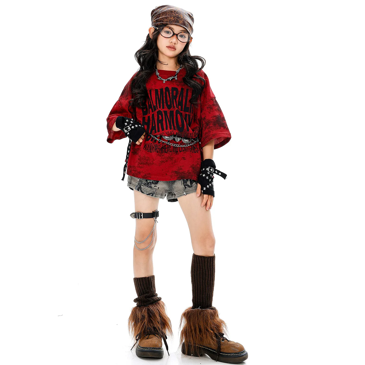 Abbigliamento Hip Hop Kpop per bambini T-shirt con stampa di lettere rosse Pantaloncini jeans strappati da strada casual grigi per ragazze Costumi di danza jazz