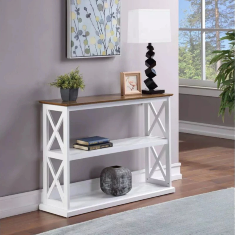 MAGI 2-layer shelf table double crisscross on each side wood long white entry table console with storage