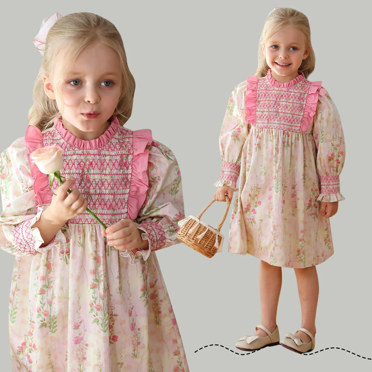 

Baby Girl Casual Dresses French Sweet Floral Print Autumn Kids Clothing Fashion Elegant Dress Loose Children'S Costume 2-8 Years