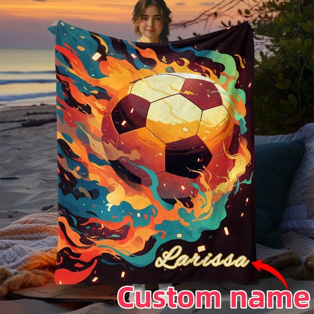 Custom name Soccer Blanket Soccer Themed printed Blanket for Football fans boys girls birthday festival gifts four season use