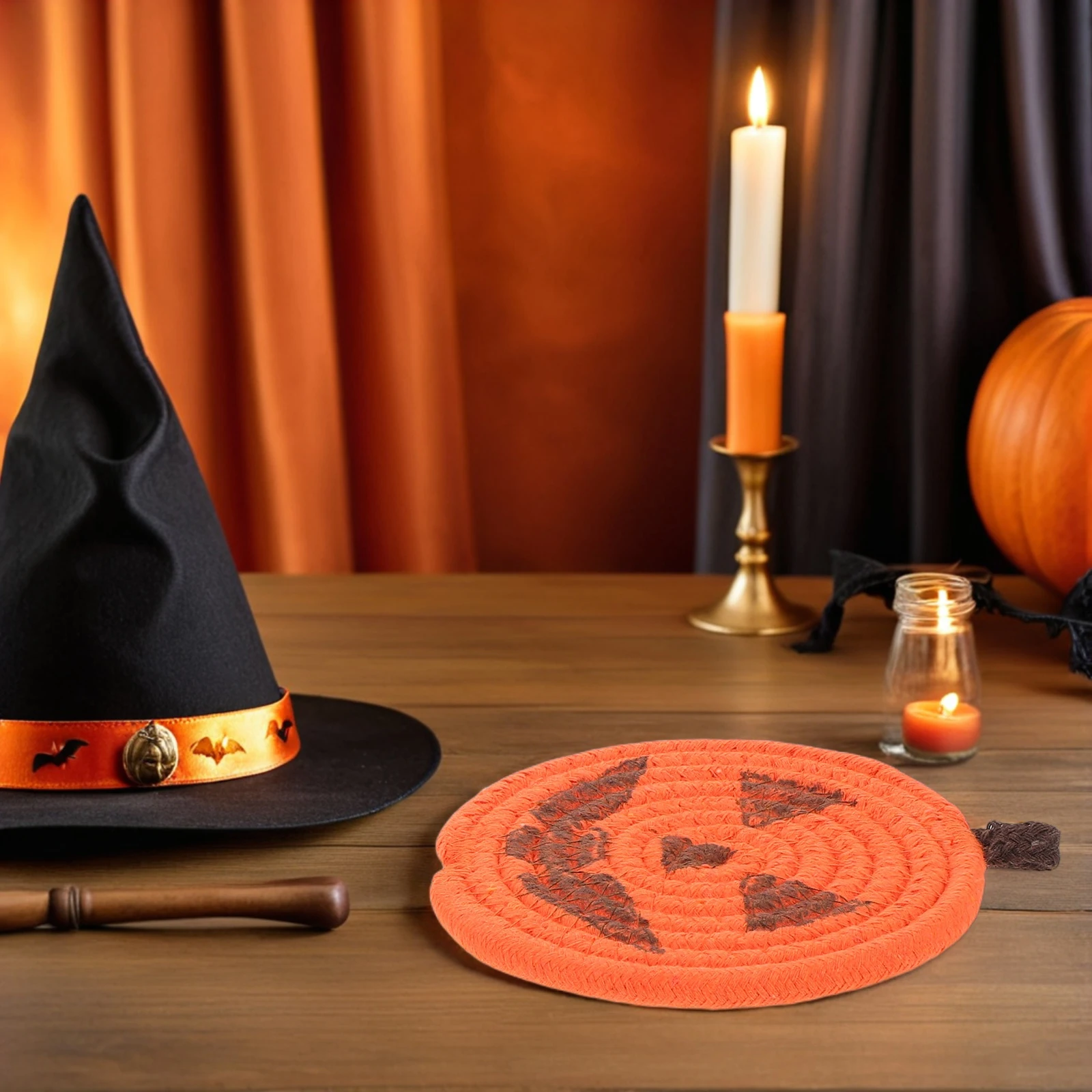 4 個カボチャ型コースターハロウィンカップマットかぎ針編み秋飲料断熱パッド耐熱コーヒーテーブルマット用