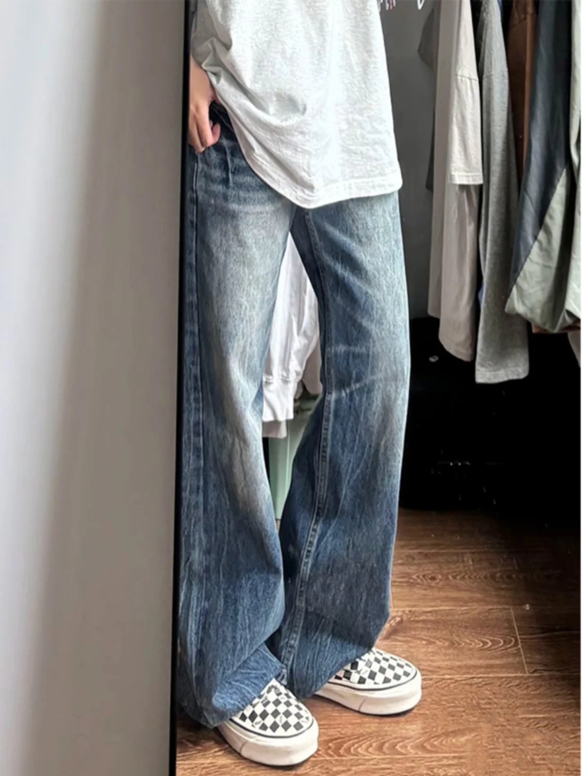 

Blue Lightning Pattern Straight Leg Men's Jeans High Street Style Washed out Slimming Pants Casual Loose Fit Denim Jeans