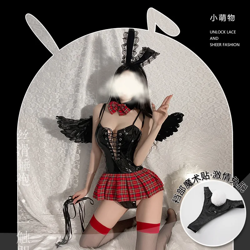 

Wholesale Women's Sexy Front Strapped Roleplay Bunny Girl Dress Adult Lady Fliter PU Lingerie Babydoll Cosplay Student Costumes