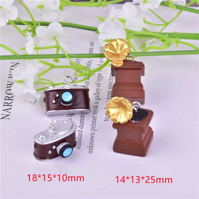 3D Mini Gramophone Camera Retro Funny  6pcs Resin Charms for Earring DIY Fashion Jewelry making