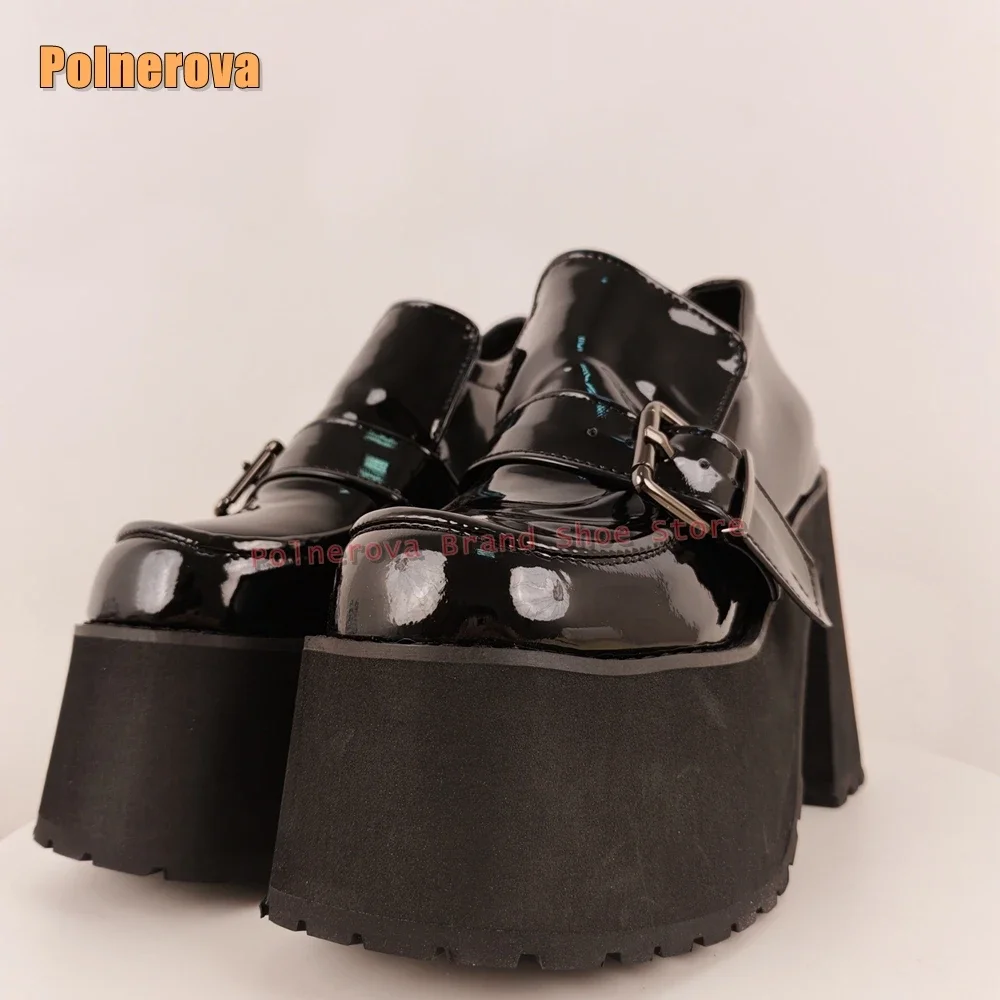 

Belt BuckleWomen Loafers 2025 Punk New Platform Y2K Pumps Square Toe Thick Sole Height Increase Patent Leather Shallow Slip On