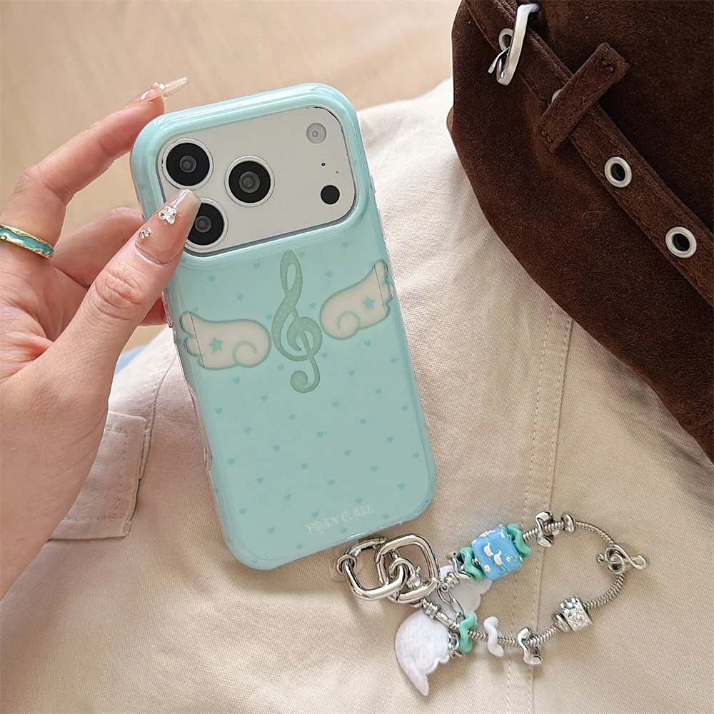 Cute Music Note Wing Phone Case For iPhone 15 16 17 18 Pro Max Sweet Green  Shockproof Protective Cover With Charm Chain Gift