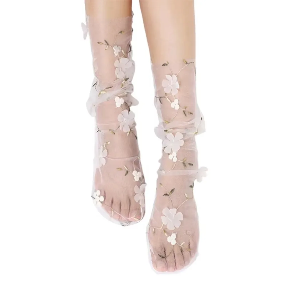 Sexy Flower Lace Socks Breathable Ultra-Thin Mesh Tulle Socks Transparent Long Socks Women Girls