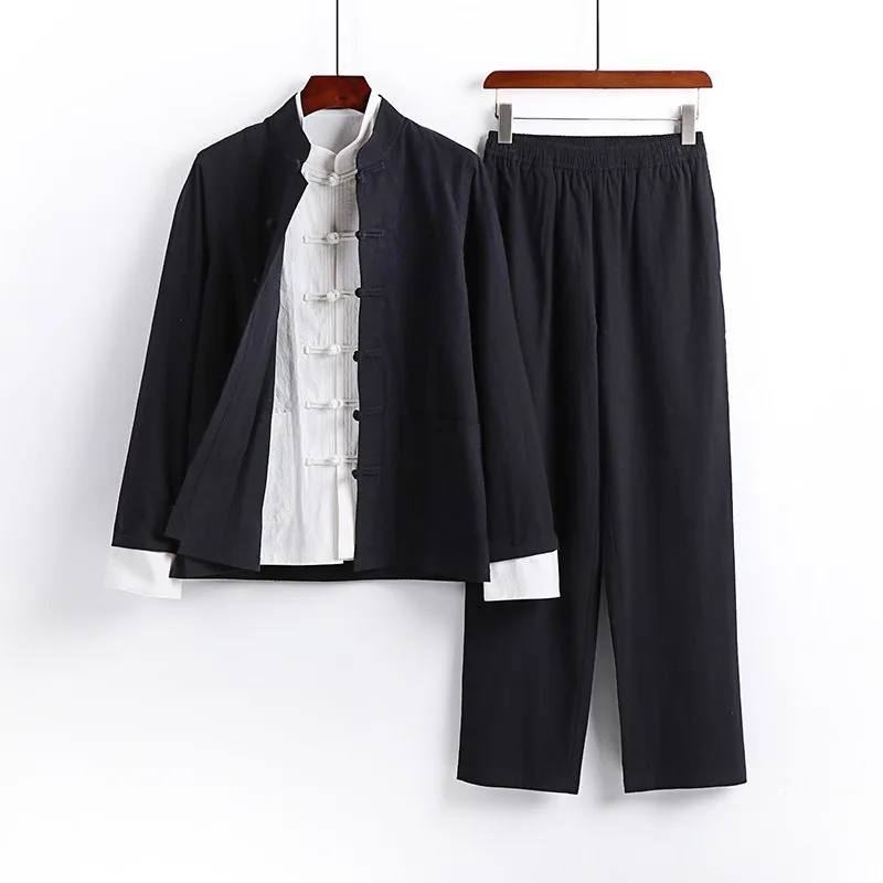 Chinese-style Hanfu Large Size Tang Suit Men's Set Spring Cotton Linen Long-sleeved Youth Zhongshan Suit Chinese Men's Clothing
