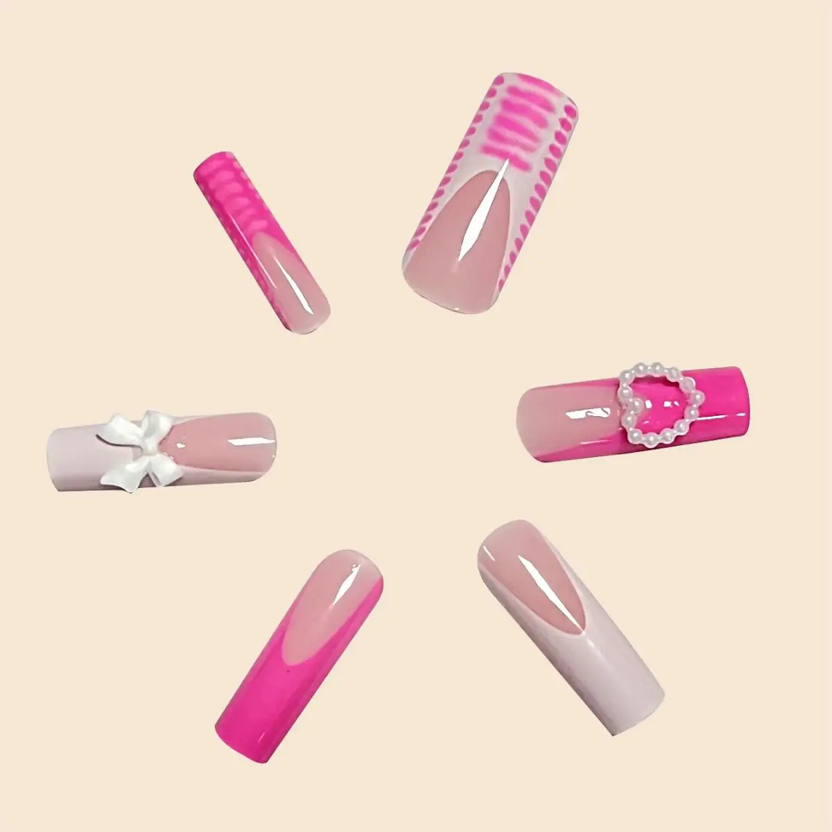 Donne Super lungo quadrato rosa francese fragola serpente modello fiocco perla cuore copertura completa indossabile unghie finte stampa su Nail Art