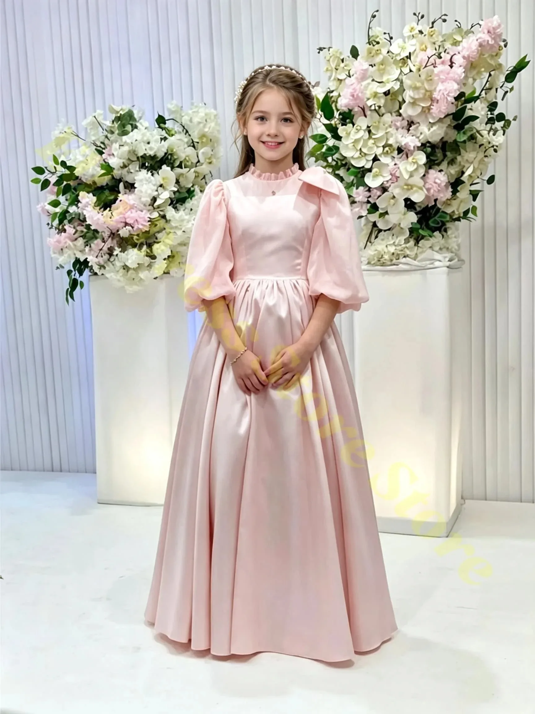Customized Wholesale Pink Flower Girl Dresses For Wedding Puffy Satin Half Sleeves Kids Birthday Party Performance Girl Gown