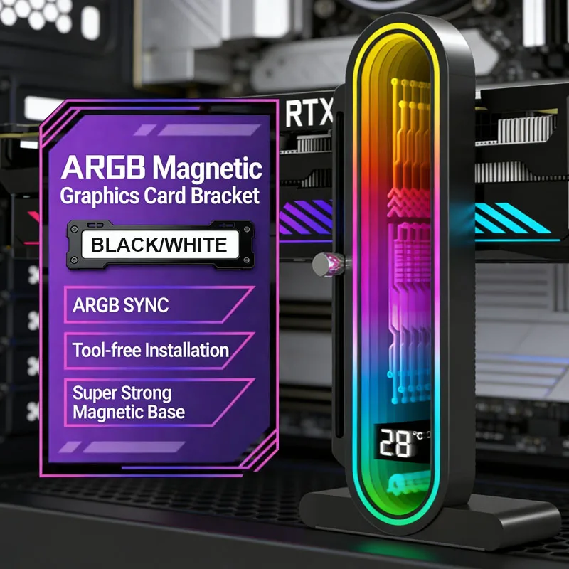 

ARGB GPU Support Bracket, Infinite Mirror Effect, Height Adjustable, Internal Case Temp Display, Graphics Card Holder