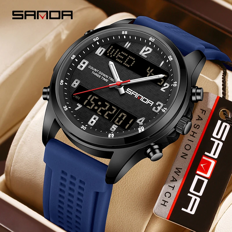 SANDA جديد 9119 العرض المزدوج ساعة إلكترونية للرجال شريط السيليكون ساعة كوارتز ضوء الليل ساعة تنبيه 5ATM ساعة رجالي رياضية