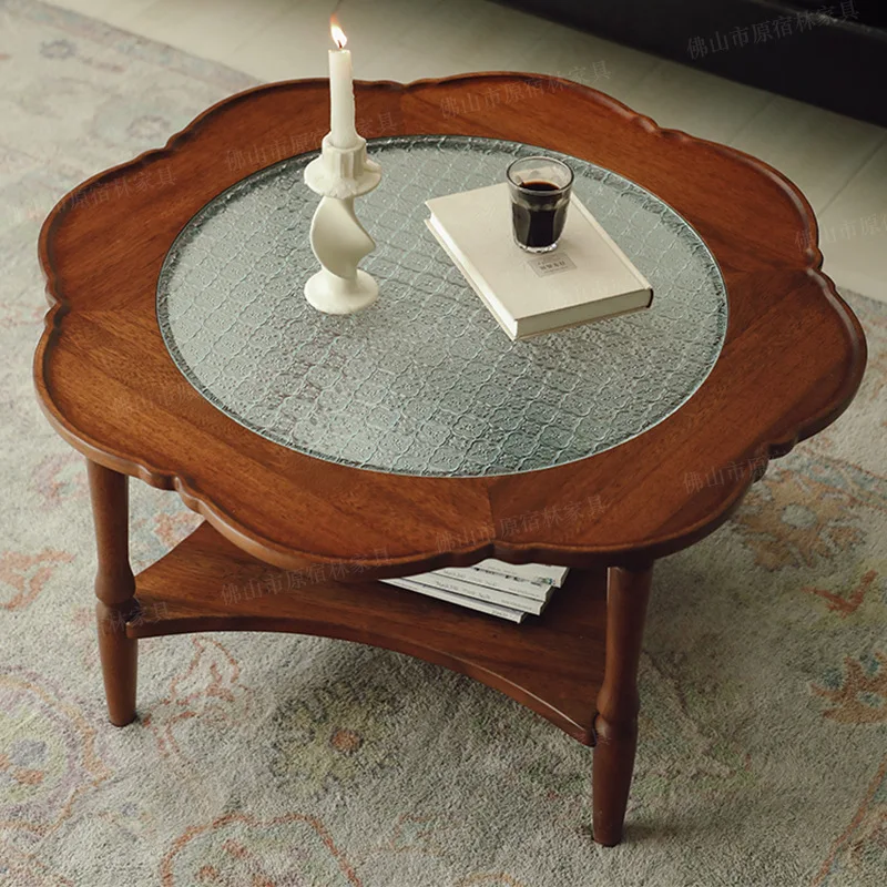 

Retro solid wood flower coffee table medieval household round double-layer living room coffee table small apartment round table
