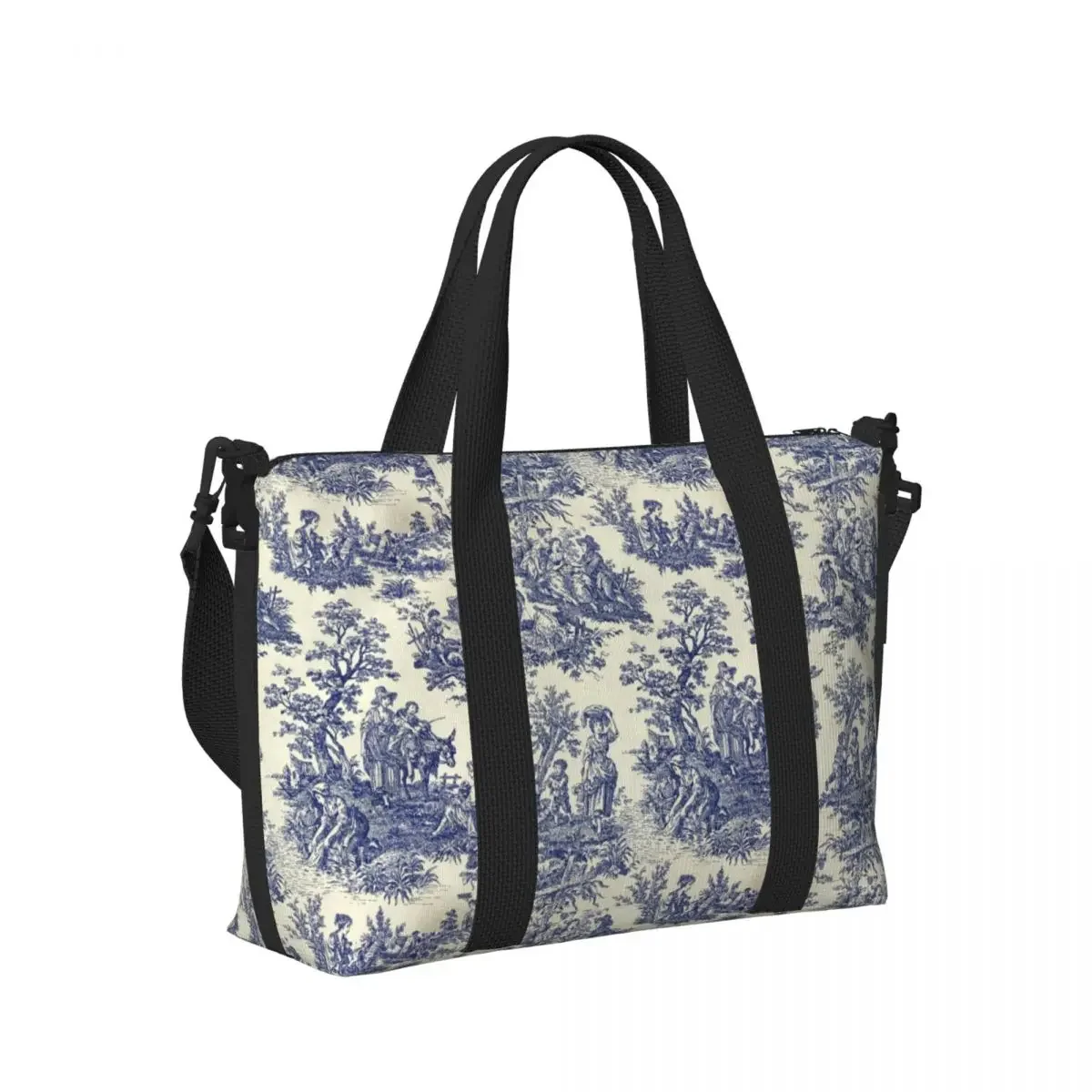 حقيبة حمل على الشاطئ باللون الأزرق من Toile De Jouy مخصصة للنساء في صالة الألعاب الرياضية كبيرة جدًا تحمل على حقائب تسوق للسفر باللون الأزرق الداكن الفرنسي