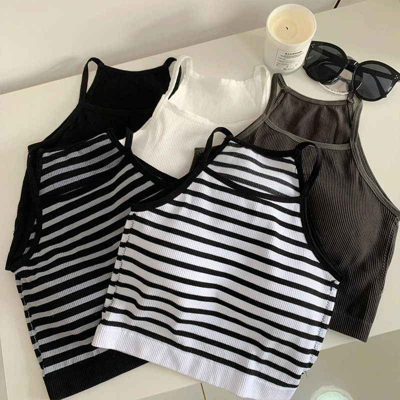 Summer New Style Women's Camisole With Breast Pad Slim Fit Top Beautiful Back Short Striped Solid Bra T-shirt Clothing Blouse