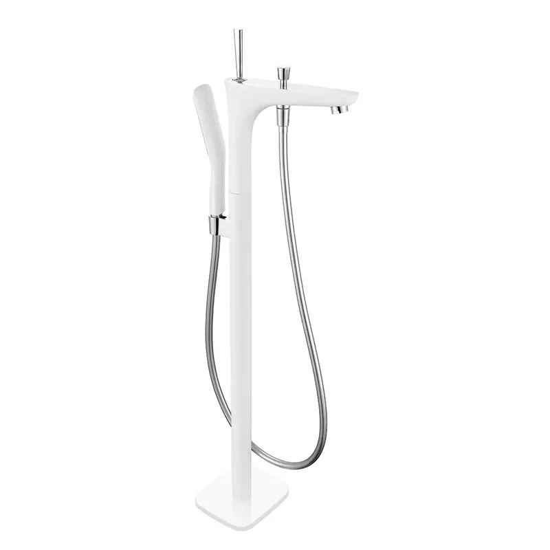 Modern Style White and Chrome Finished Floor Mounted Bathtub Mixer Floor Standing Bathtub Faucet