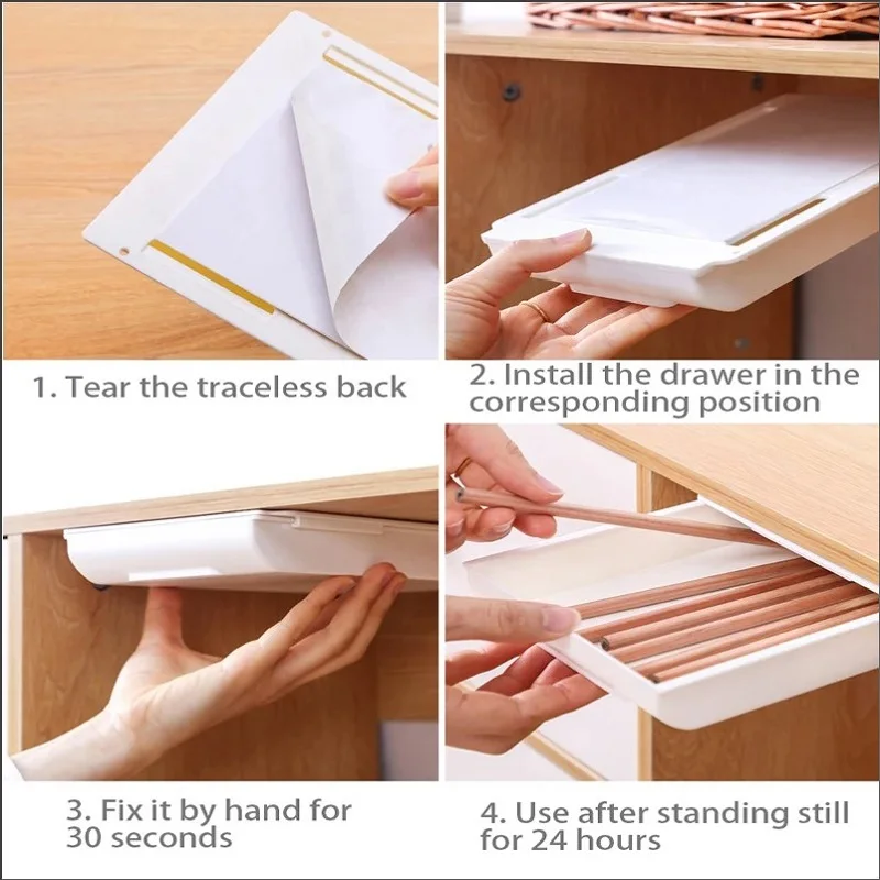 Self Stick Pencil Tray Under Desk Drawer Storage Box Hidden Stationery Organizer Stand For Pens Office Home Storage Organizer