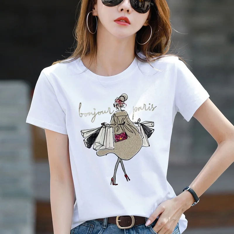 TuangBiang Summer Printed Letters Cartoon2024 New Comfort Short Sleeve Cotton Women O-Neck T-Shirts Loose Casual Ladies BlueTops