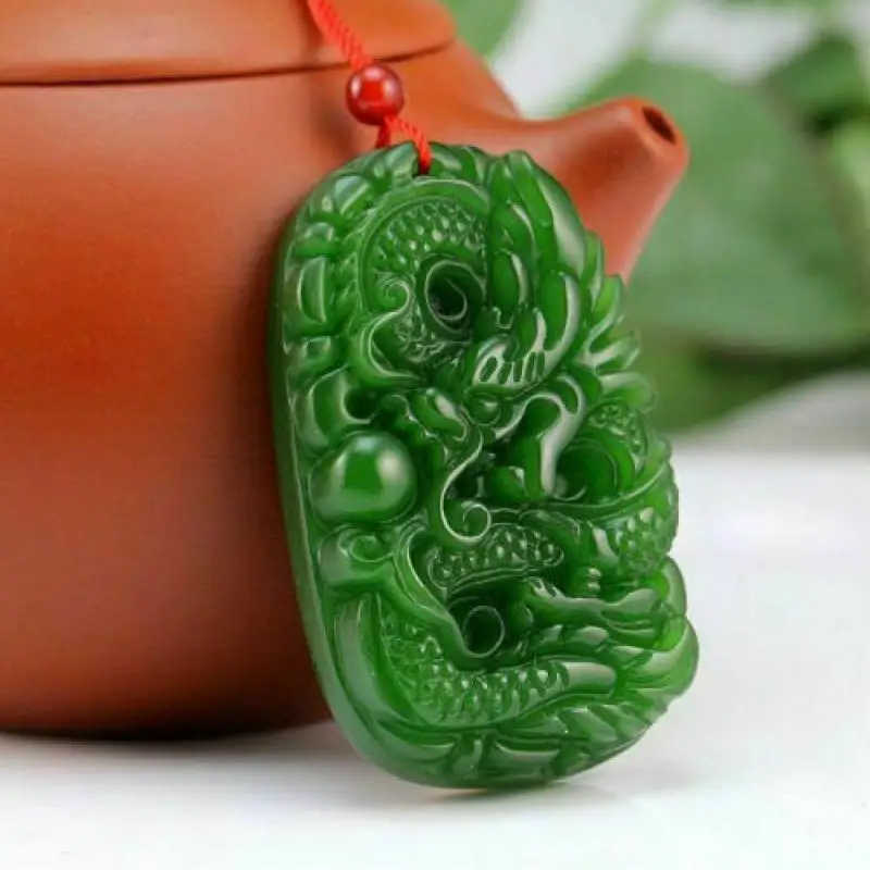 Chinese Hetian Jade Hand-carved Dragon Pendant Natural Green