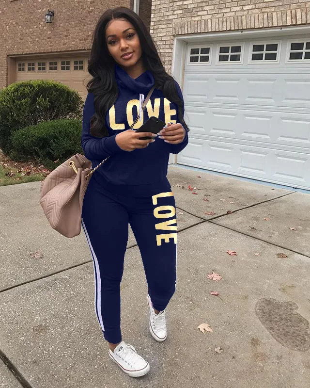 

2 Piece Set Women Outfit LOVE Letter Print High Neck Hoodies Sweatshirt Pants Tracksuit 2025 Plus Size Streetwear Casual Suit