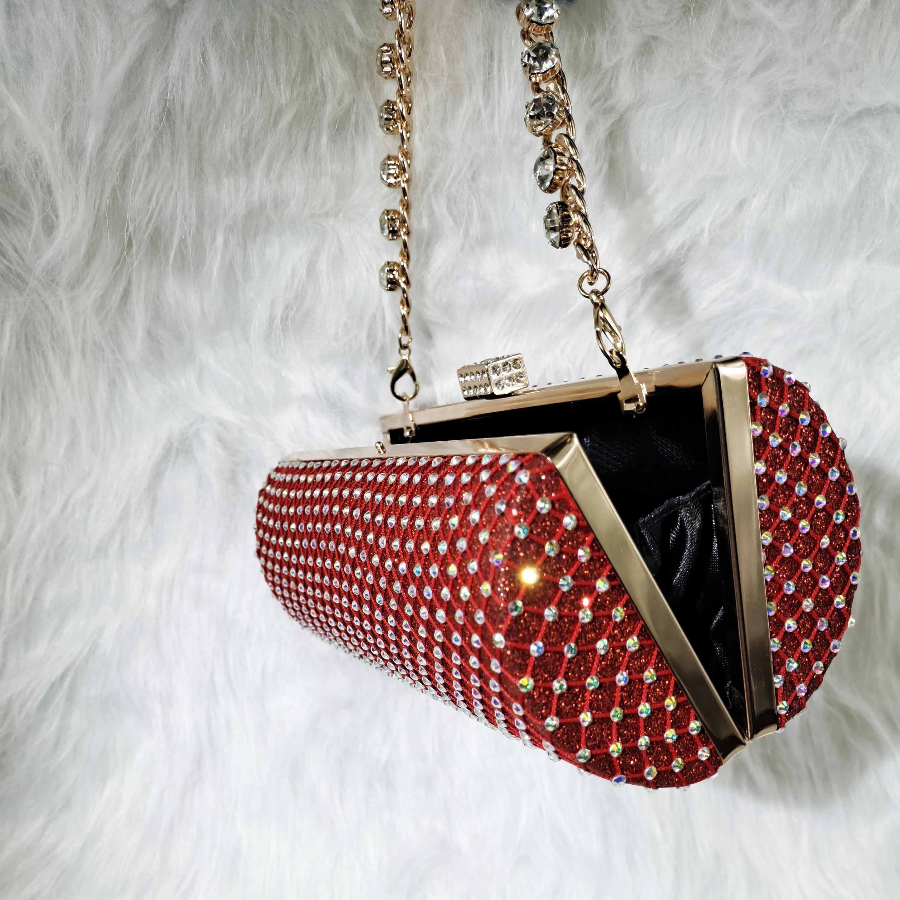 QSGFC Red Color Crystal Mesh Round Hard Bag  Evening Clutch Girly Fashion Small Bag Long Shoulder Strap Two-Way Bag