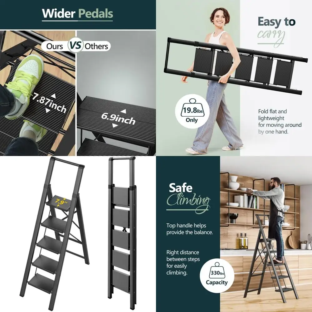

Легкая складная 5-ступенчатая лестница для потолок длиной 10 футов, нескользящие широкие ступеньки, безопасные перила, компактная для домашнего и наружного использования,