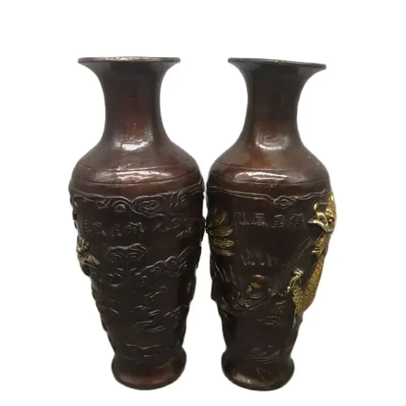 Copper gilded purple copper vase for home and living room decoration, copper ware, dragon and phoenix vase, a pair of ornaments