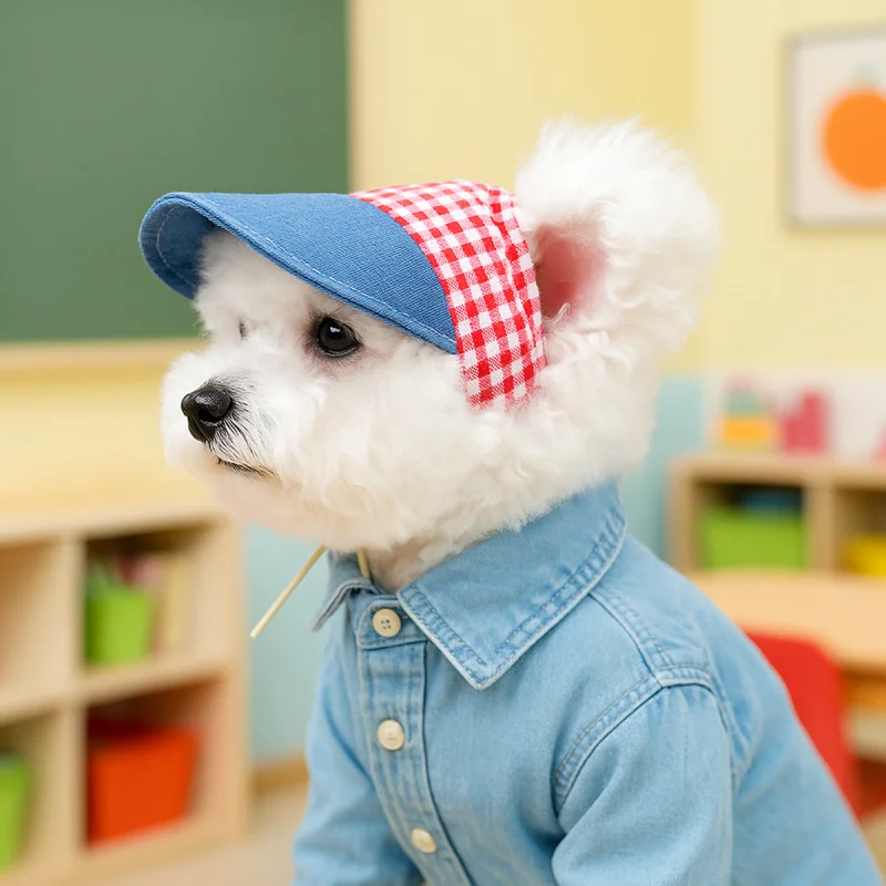 

Pet Dog Cat Sun Hat Red Checkered Outdoor Casual Cap, Small Puppy Fashion Cute Romantic Summer UV Protection Accessory