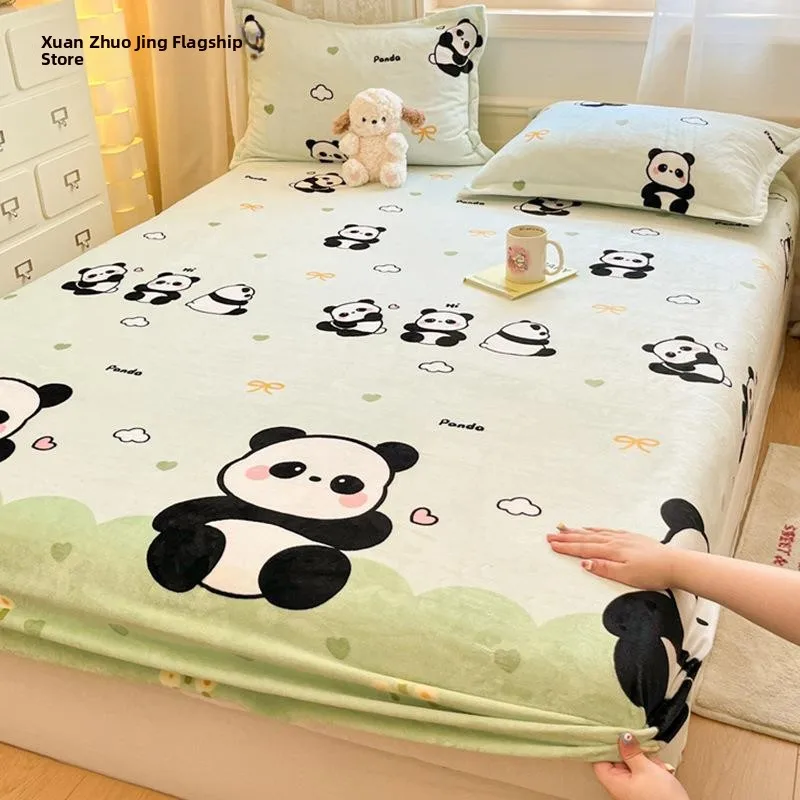 

Утолщенный комплект постельного белья из кораллового флиса с мультяшным рисунком, из молочного вельвета, трехпредметный, зимний, теплый, защитный чехол для матраса, для домашнего использования, двуспальный размер