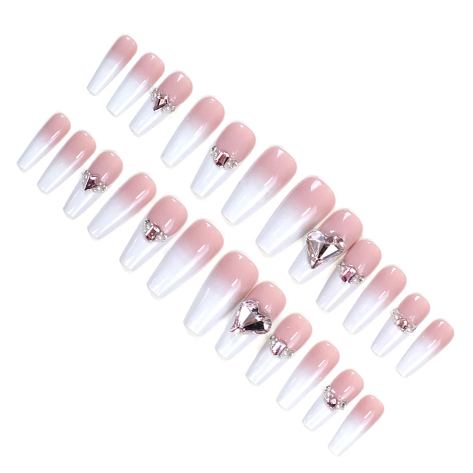 Pink Rhinestone Embellished Fake Nails Long Trapeziform with Diamond Decorations Nails for Manicure Lover Daily Home DIY