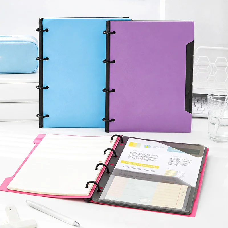 A4 3 Hole Index Binder Organizer with Detachable Rings, 5 Inner File Pockets and 120 Sheet Refill Paper Set, Large Capacity