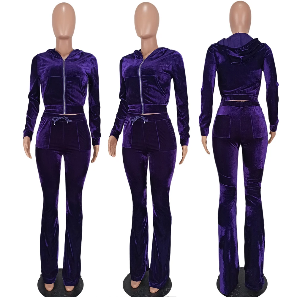 JENYAGE Damen Y2K Einfarbiger Velours Zweiteiler Trainingsanzug mit Reißverschluss-Kapuzenjacke und ausgestellter Hose mit Kordelzug, lässiger Jogginganzug – Detail 21