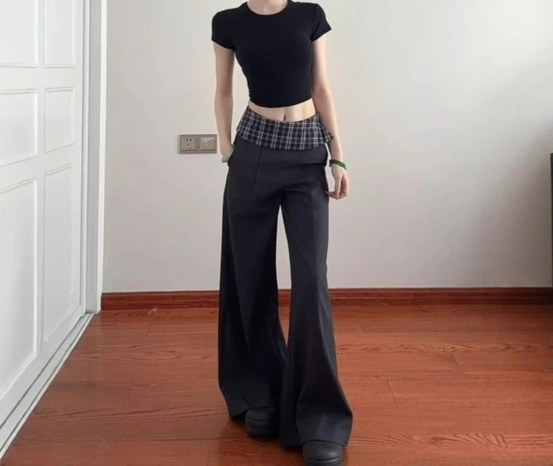 Plaid Splicing Suit Pants Women's 2026 Spring and Autumn New Straight-leg Pants Mid-waist Thin Casual Wide-leg Pants