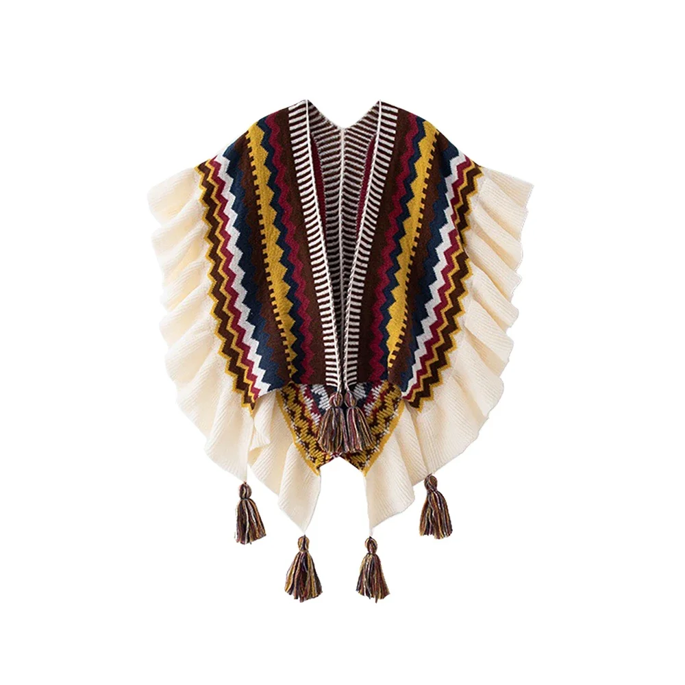 Bohemia Shawl Women Mohair Knitted Tassel Cardigan Retro Ethnic Wrap Striped Ruffled Scarf for Travel Spring Autumn for Female