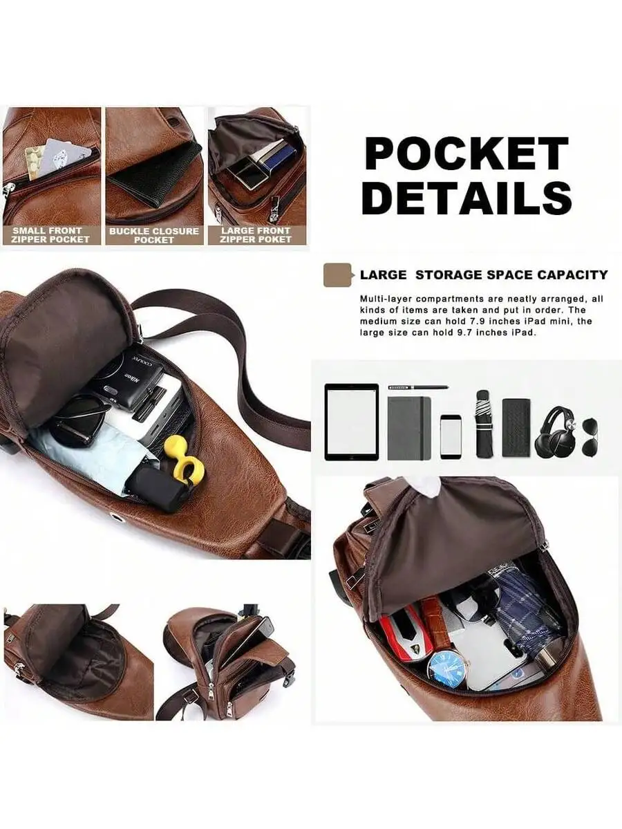 Mens Sling Bag With USB Port, Multi-Compartment Shoulder Bag, Adjustable Strap For Travel Gym Hiking view 2
