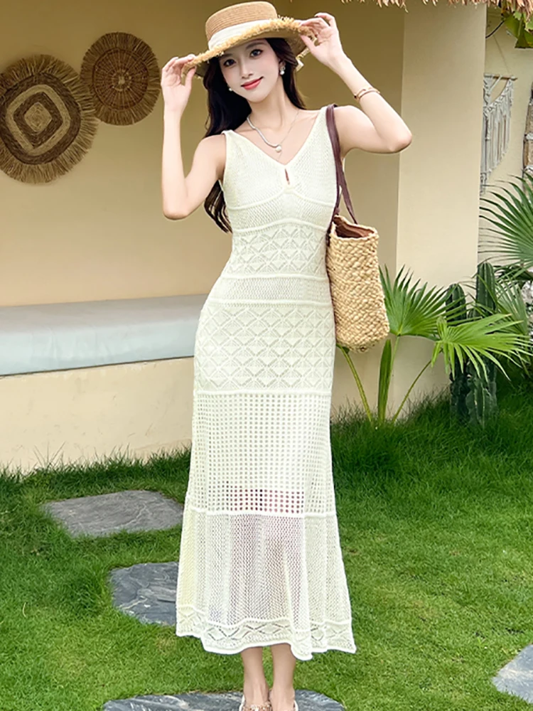 2025 preto de malha jacquard oco para fora estilingue sexy vestido longo feminino vintage bodycon camisola vestido verão coreano chique vestido de festa