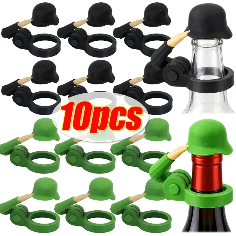 1/10PCS Creative Wine Bottle Covers Reusable Helmet Salute Soldier Shaped Dustproof Bottle Cap For Xmas Party Bar Decoration