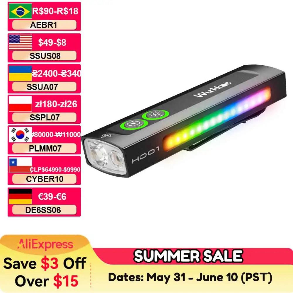 Wurkkos NEW HD01 Multifunctional Flashlight 1200 LM with Green Light White Light 90CRI Side RGB Lights IP65 Waterproof Hiking